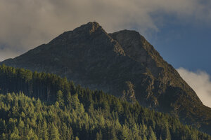 Oostenrijkse bergpiek met kruis boven dennenbos