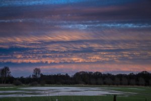 Kleurenpracht bij zonsondergang over waterland