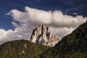 Majestueuze bergtop torent boven weelderig bos uit in de Italiaanse Dolomieten