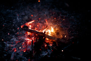 Vuur brandt in het donker en geeft licht en warmte