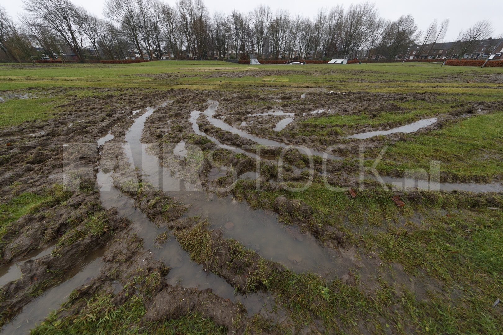Modderig, drassig parklandschap met sporen