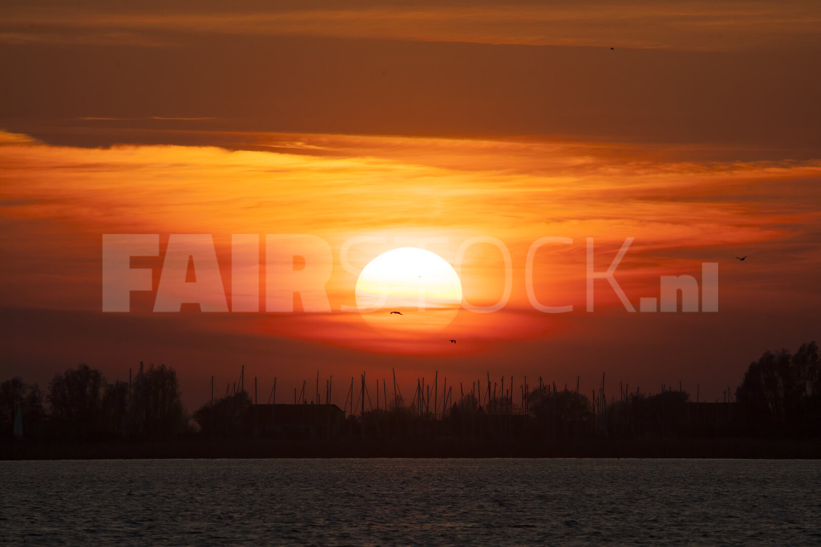 Levendige rode zonsondergang boven brede rivier